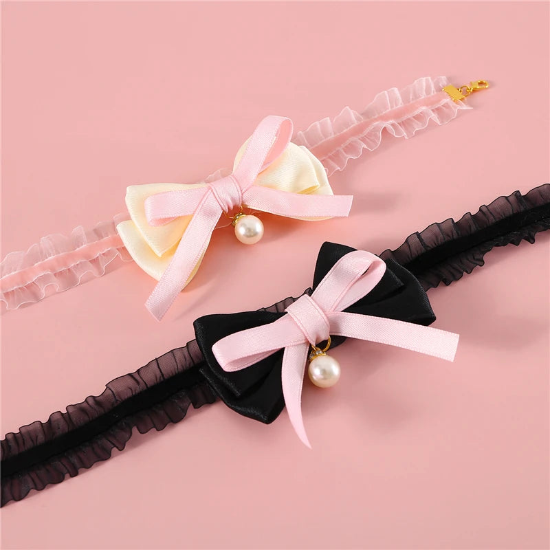 Velvet Bow Pearl Collars for Cats and Puppy, Exquisite Fashion Necklace, Chic Party, Pets Supplies, Accessories, New Design