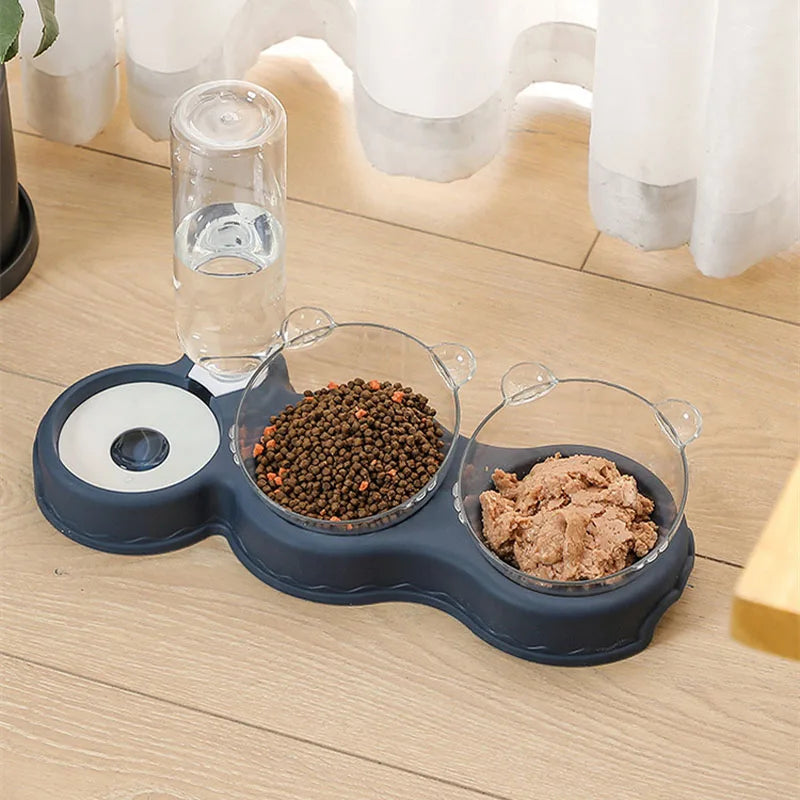 Pet Cat Automatic Feeder Plastic 3-in-1 Dog Food Bowl Double Bowls Automatic Water Reservoir Drinker Cat Feeding Accessories