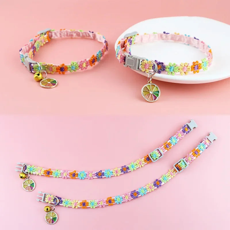 Adjustable Cat Collar Cute Lace Flower Decoration Pet Collar with Bell and Alloy Pendant for Cats and Puppies Kitten Accessories